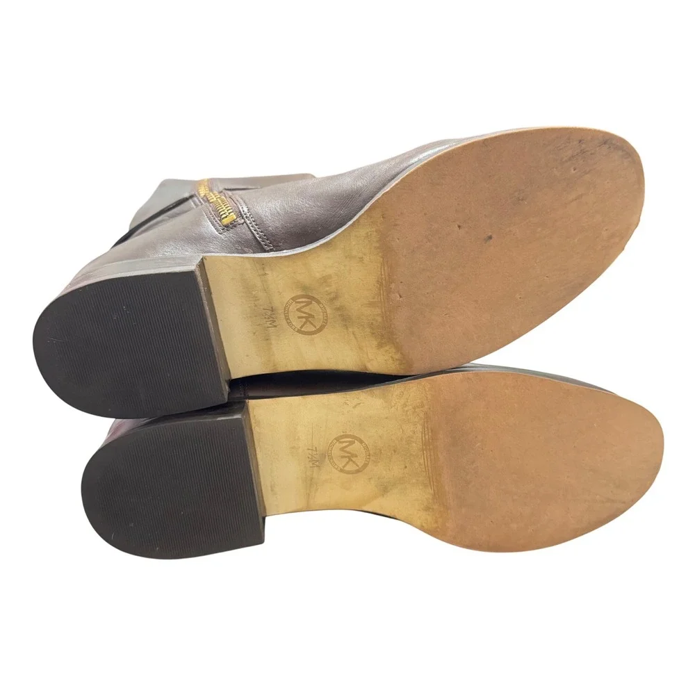 Michael Kors Brown Leather Riding Boots MK Logo Buckle Side‎ Zip Women Size 7.5M - Picture 9 of 10